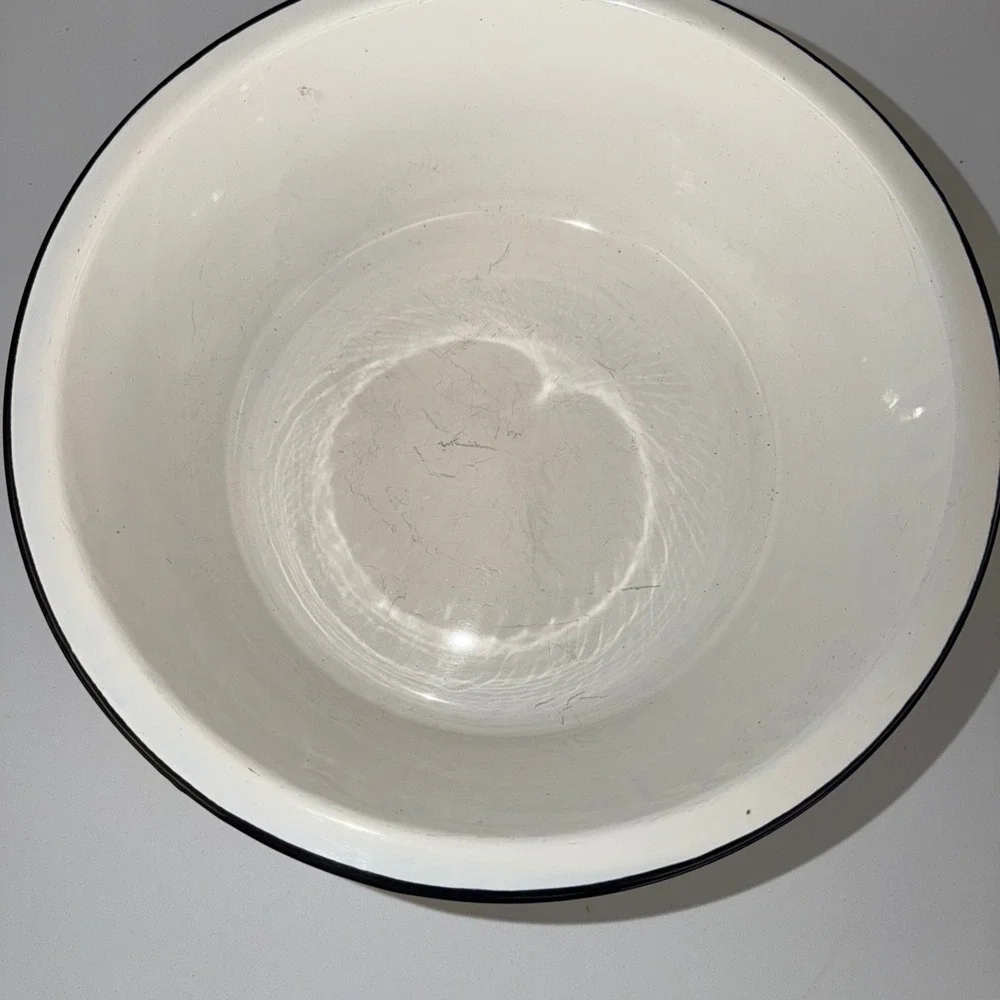 Vintage White Enamelware Mixing Bowl Black Rim Farmhouse Kitchen Decor 10 inch